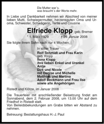 Traueranzeige von Elfriede Klopp von ALLGEMEINE ZEITUNG UELZEN