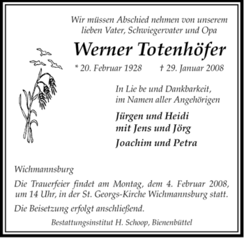 Traueranzeige von Werner Totenhöfer von ALLGEMEINE ZEITUNG UELZEN