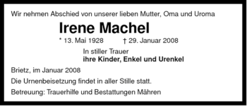 Traueranzeige von Irene Machel von ALLGEMEINE ZEITUNG UELZEN