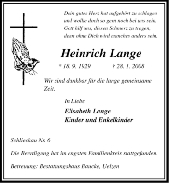 Traueranzeige von Heinrich Lange von ALLGEMEINE ZEITUNG UELZEN