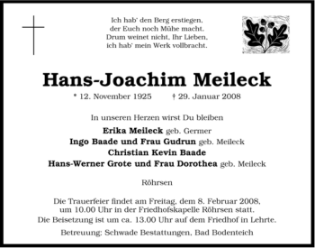 Traueranzeige von Hans-Joachim Meileck von ALLGEMEINE ZEITUNG UELZEN