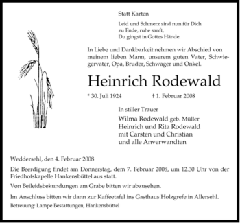 Traueranzeige von Heinrich Rodewald von ALLGEMEINE ZEITUNG UELZEN