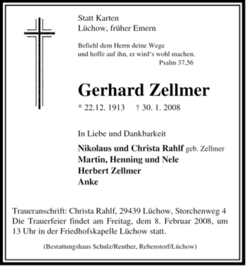 Traueranzeige von Gerhard Zellmer von ALLGEMEINE ZEITUNG UELZEN