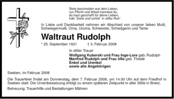 Traueranzeige von Waltraut Rudolph von ALLGEMEINE ZEITUNG UELZEN