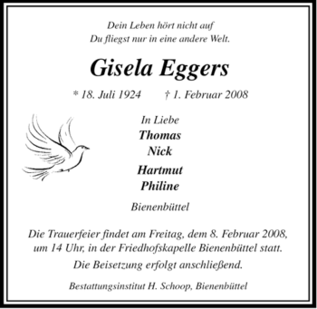 Traueranzeige von Gisela Eggers von ALLGEMEINE ZEITUNG UELZEN