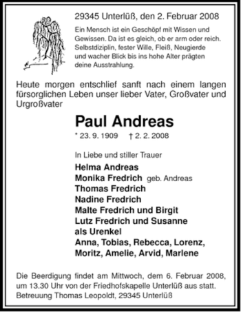 Traueranzeige von Paul Andreas von ALLGEMEINE ZEITUNG UELZEN