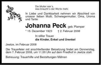 Traueranzeige von Johanna Peck von ALLGEMEINE ZEITUNG UELZEN