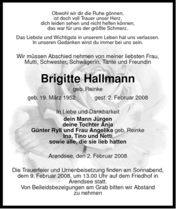 Traueranzeige von Brigitte Hallmann von ALLGEMEINE ZEITUNG UELZEN