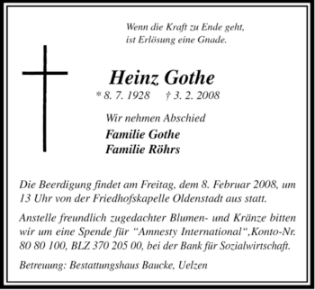 Traueranzeige von Heinz Gothe von ALLGEMEINE ZEITUNG UELZEN