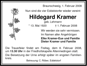 Traueranzeige von Hildegard Kramer von ALLGEMEINE ZEITUNG UELZEN