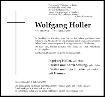 Traueranzeige von Wolfgang Holler von ALLGEMEINE ZEITUNG UELZEN