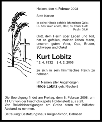 Traueranzeige von Kurt Lobeitz von ALLGEMEINE ZEITUNG UELZEN