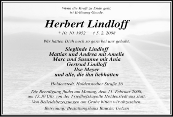 Traueranzeige von Herbert Lindloff von ALLGEMEINE ZEITUNG UELZEN