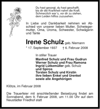 Traueranzeige von Irene Schulz von ALLGEMEINE ZEITUNG UELZEN