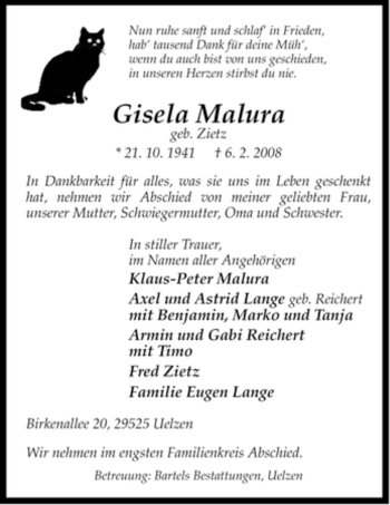Traueranzeige von Gisela Malura von ALLGEMEINE ZEITUNG UELZEN