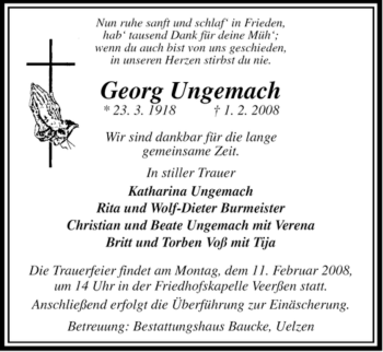 Traueranzeige von Georg Ungemach von ALLGEMEINE ZEITUNG UELZEN