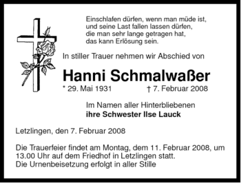 Traueranzeige von Hanni Schmalwaßer von ALLGEMEINE ZEITUNG UELZEN