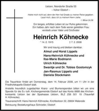 Traueranzeige von Heinrich Köhnecke von ALLGEMEINE ZEITUNG UELZEN