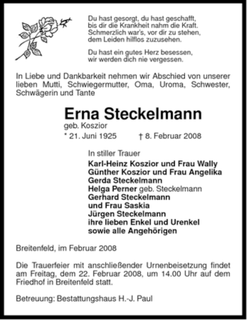 Traueranzeige von Erna Steckelmann von ALLGEMEINE ZEITUNG UELZEN