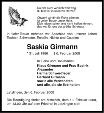 Traueranzeige von Saskia Girmann von ALLGEMEINE ZEITUNG UELZEN