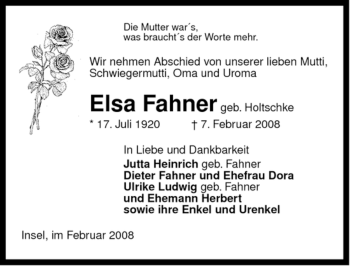 Traueranzeige von Elsa Fahner von ALLGEMEINE ZEITUNG UELZEN