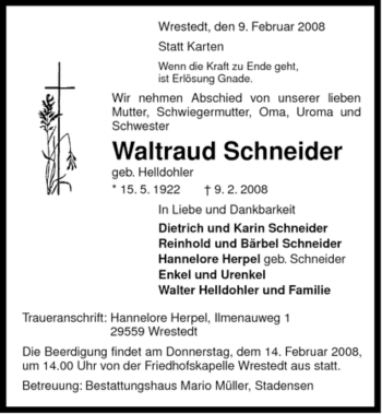 Traueranzeige von Waltraud Schneider von ALLGEMEINE ZEITUNG UELZEN