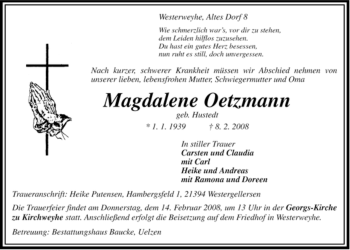 Traueranzeige von Magdalene Oetzmann von ALLGEMEINE ZEITUNG UELZEN