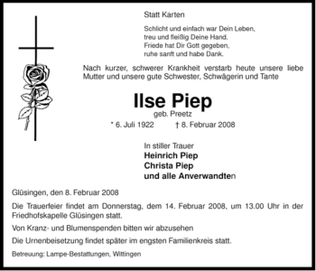 Traueranzeige von Ilse Piep von ALLGEMEINE ZEITUNG UELZEN