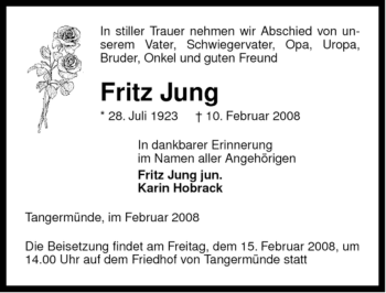 Traueranzeige von Fritz Jung von ALLGEMEINE ZEITUNG UELZEN