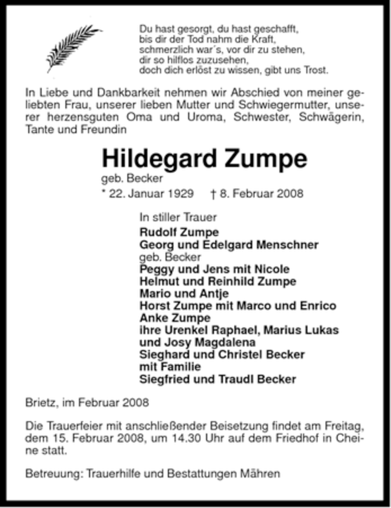  Traueranzeige für Hildegard Zumpe vom 12.02.2008 aus ALLGEMEINE ZEITUNG UELZEN