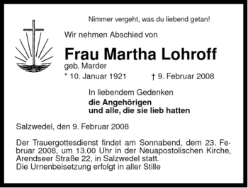 Traueranzeige von Frau Martha Lohroff von ALLGEMEINE ZEITUNG UELZEN
