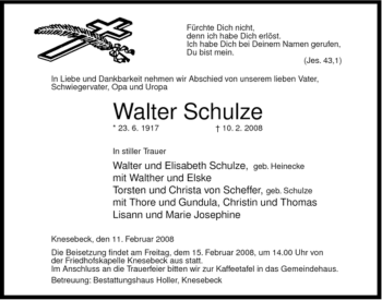 Traueranzeige von Walter Schulze von ALLGEMEINE ZEITUNG UELZEN