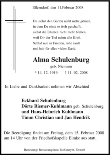 Traueranzeige von Alma Schulenburg von ALLGEMEINE ZEITUNG UELZEN