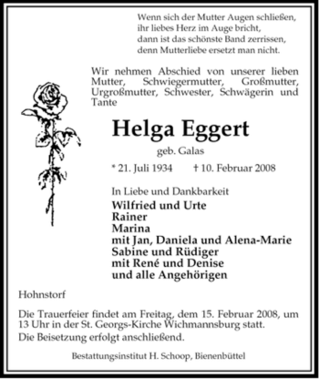 Traueranzeige von Helga Eggert von ALLGEMEINE ZEITUNG UELZEN