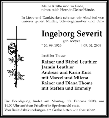 Traueranzeige von Ingeborg Severit von ALLGEMEINE ZEITUNG UELZEN