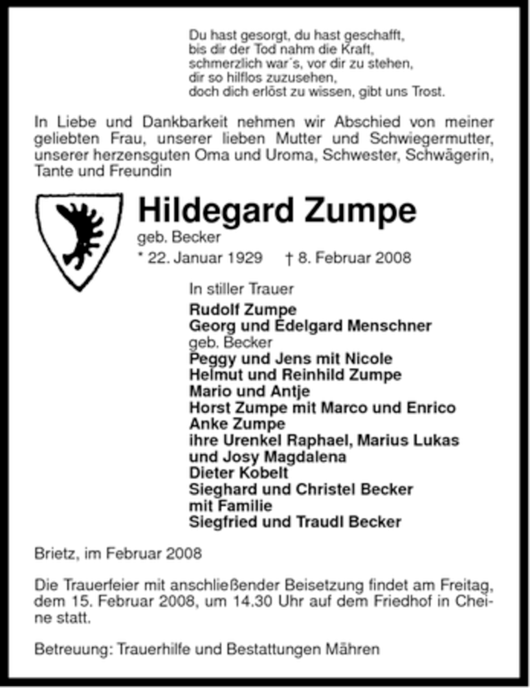  Traueranzeige für Hildegard Zumpe vom 13.02.2008 aus ALLGEMEINE ZEITUNG UELZEN