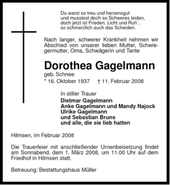 Traueranzeige von Dorothea Gagelmann von ALLGEMEINE ZEITUNG UELZEN