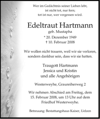 Traueranzeige von Edeltraut Hartmann von ALLGEMEINE ZEITUNG UELZEN
