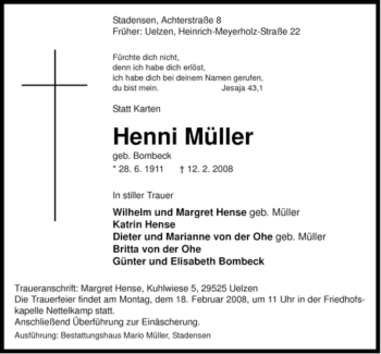 Traueranzeige von Henni Müller von ALLGEMEINE ZEITUNG UELZEN