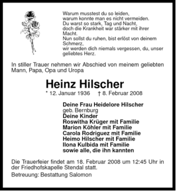 Traueranzeige von Heinz Hilscher von ALLGEMEINE ZEITUNG UELZEN