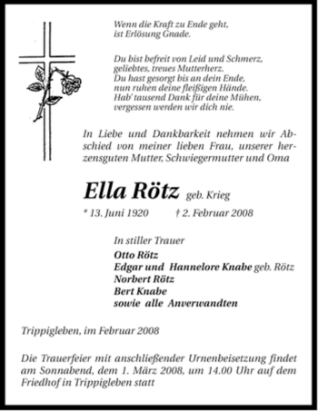 Traueranzeige von Ella Rötz von ALLGEMEINE ZEITUNG UELZEN