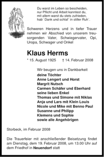 Traueranzeige von Klaus Herms von ALLGEMEINE ZEITUNG UELZEN