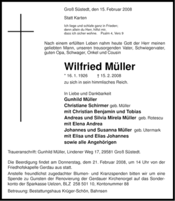 Traueranzeige von Wilfried Müller von ALLGEMEINE ZEITUNG UELZEN