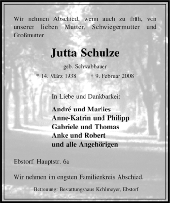 Traueranzeige von Jutta Schulze von ALLGEMEINE ZEITUNG UELZEN