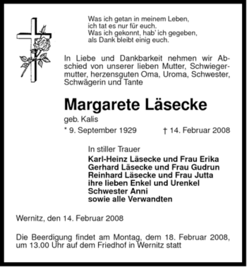 Traueranzeige von Margarete Läsecke von ALLGEMEINE ZEITUNG UELZEN