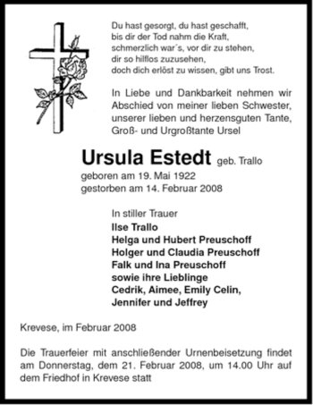 Traueranzeige von Ursula Estedt von ALLGEMEINE ZEITUNG UELZEN