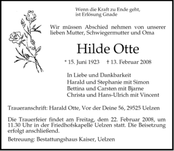 Traueranzeige von Hilde Otte von ALLGEMEINE ZEITUNG UELZEN