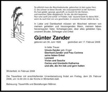 Traueranzeige von Günter Zander von ALLGEMEINE ZEITUNG UELZEN