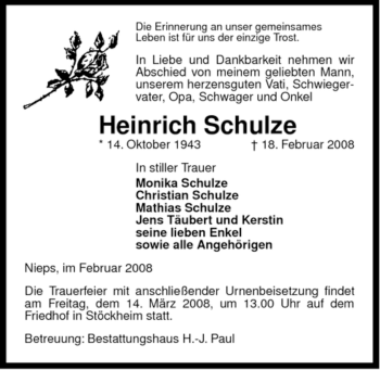 Traueranzeige von Heinrich Schulze von ALLGEMEINE ZEITUNG UELZEN