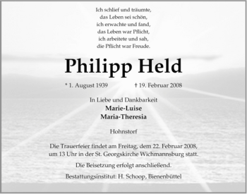 Traueranzeige von Philipp Held von ALLGEMEINE ZEITUNG UELZEN